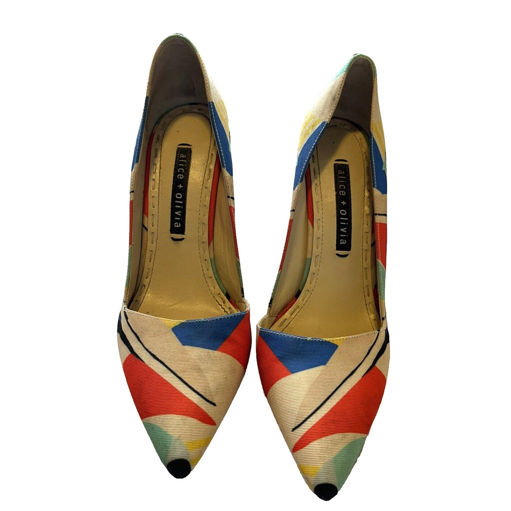 Womens Alice+Olivia Dina Color Block Graffiti Satin Heels Pumps-38 - Picture 2 of 6